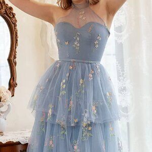 A Line Halter Grey Blue Prom/Wedding/Bridal Dress with Embroidery